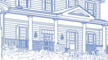 Satılan ev Satılık Emlak işareti ve bitmiş eve ortaya çıkarmak için kaydırma ve geçiş evi çizim