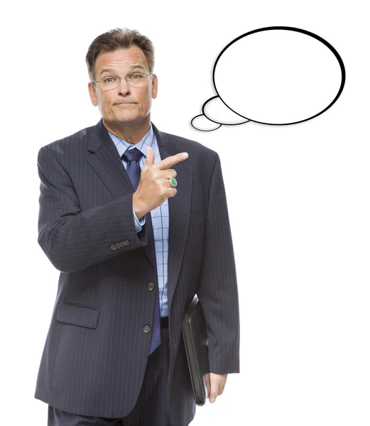 Businessman Pointing to the Blank Thought Bubble on White — Stock Photo, Image