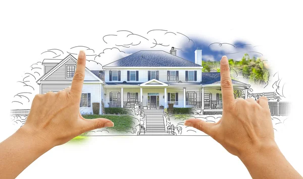 Hands Framing House Drawing and Photo on White — Stock Photo, Image