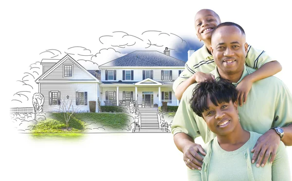 African American Family Over House Drawing and Photo on White — Stock Photo, Image