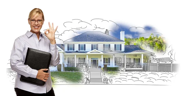 Woman with Okay Sign Over House Drawing and Photo — Stock Photo, Image