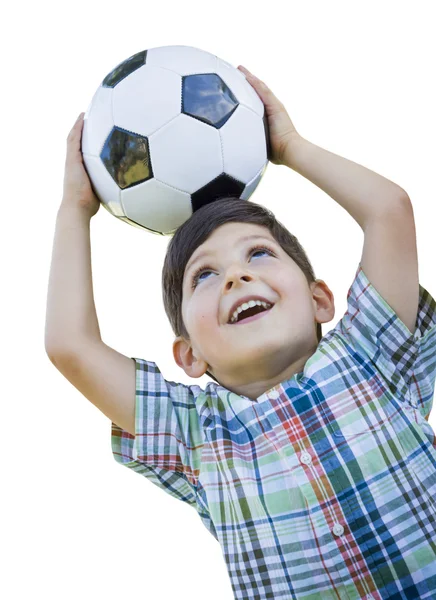 Cute Young Boy Holding Soccer Ball Isolated on White — Stock Photo, Image