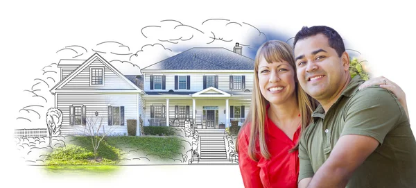 Mixed Race Couple Over House Drawing and Photo — Stock Photo, Image