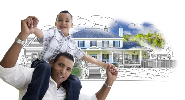 Hispanic Father and Son Over House Drawing and Photo — Stock Photo, Image