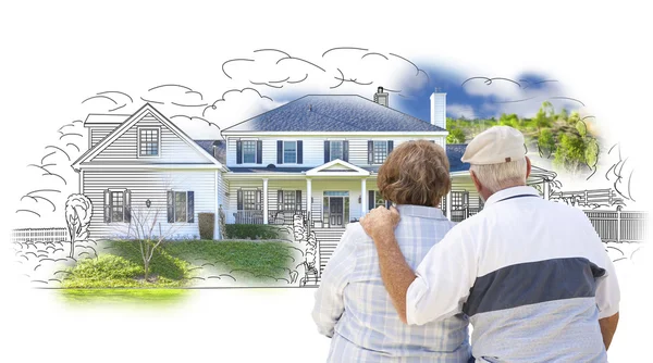 Embracing Senior Couple Over House Drawing and Photo on White — Stock Photo, Image