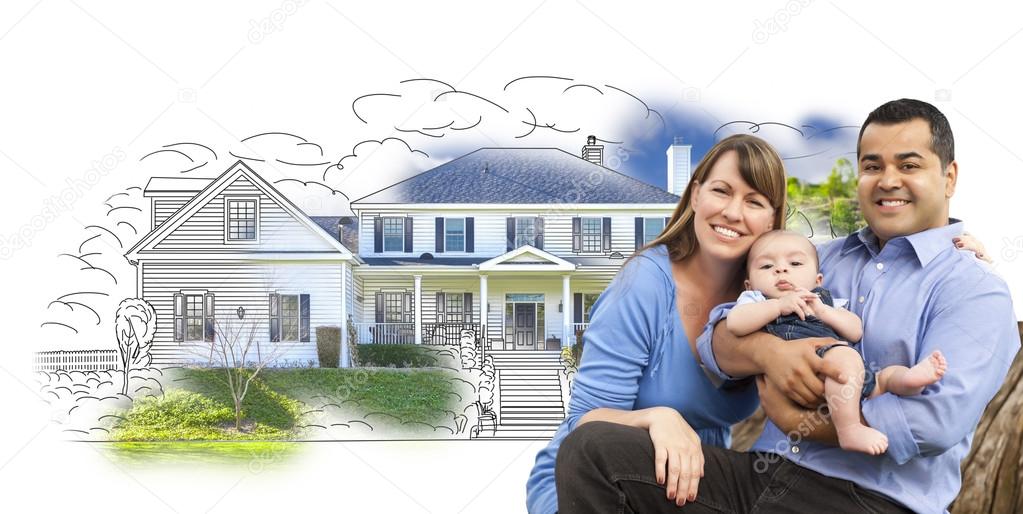 Mixed Race Family Over House Drawing and Photo