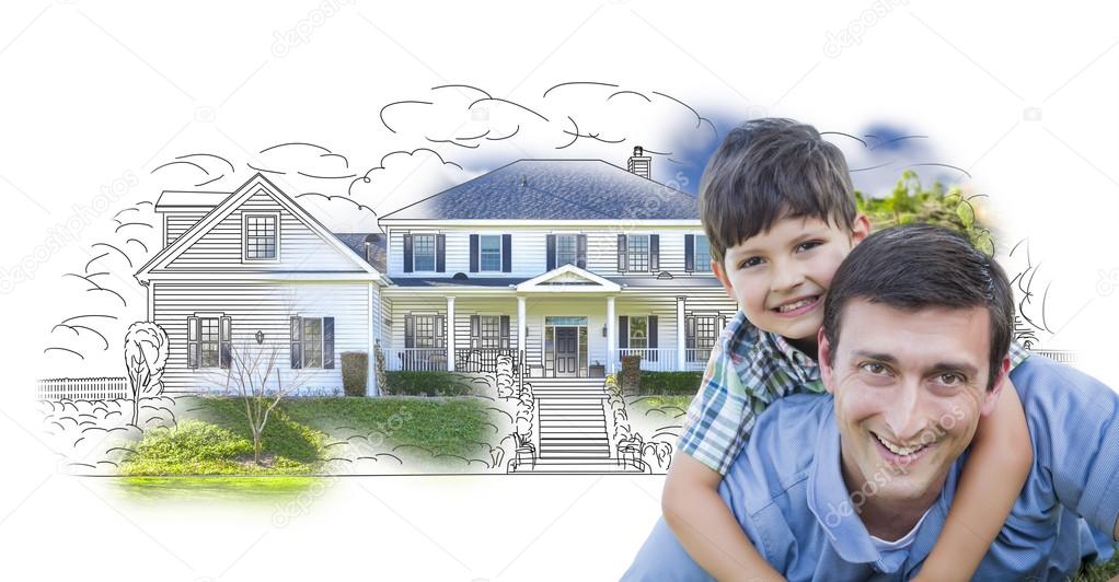 Father and Son Over House Drawing and Photo on White