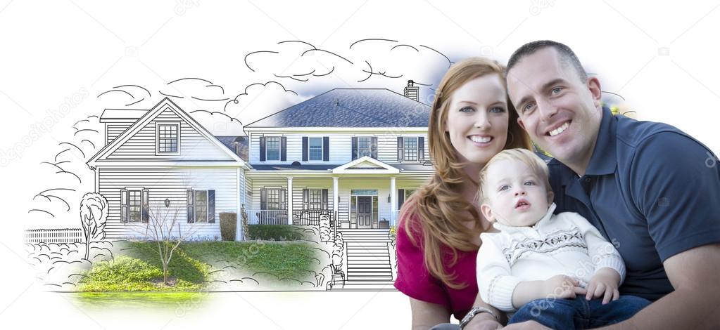 Young Military Family Over House Drawing and Photo