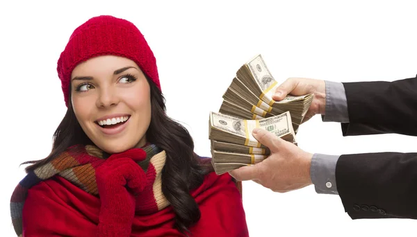 Mixed Race Young Woman Being Handed Thousands of Dollars — Stock Photo, Image
