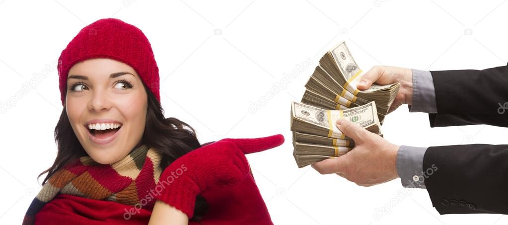 Mixed Race Young Woman Being Handed Thousands of Dollars