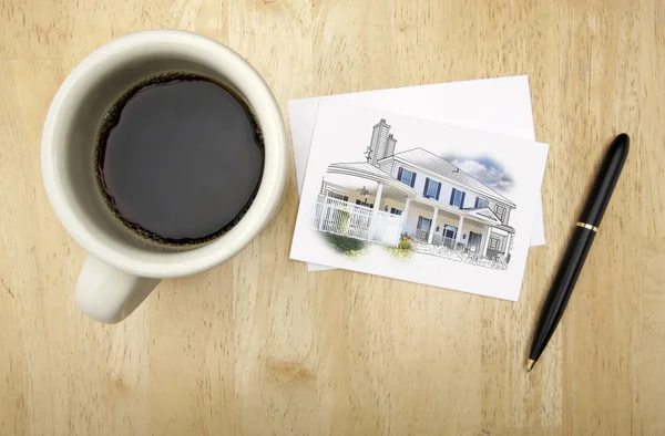 Note Card with House Drawing, Pen and Coffee — Stock Photo, Image