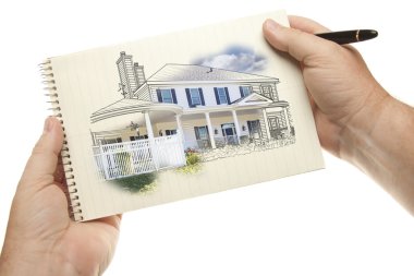 Kalem ve kağıt ev çizim ile Holding eller