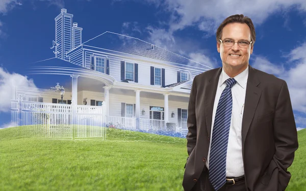 Smiling Businessman with Ghosted House Drawing Behind — Stock Photo, Image