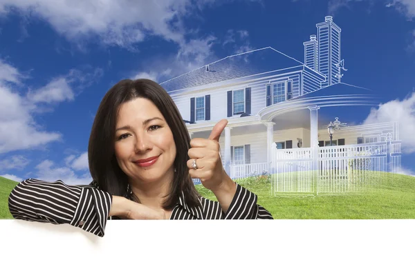 Thumbs Up Hispanic Woman with Ghosted House Drawing Behind — Stock Photo, Image