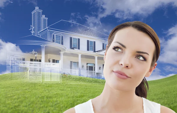 Mixed Race Female Looks Over to Ghosted House Drawing Behind — Stock Photo, Image