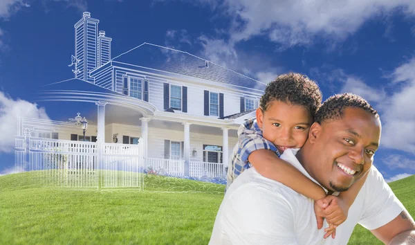 Mixed Race Father and Son with Ghosted House Drawing Behind — Stock Photo, Image