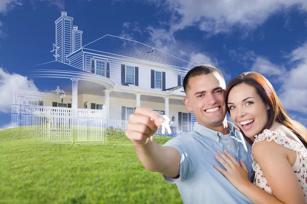 Military Couple Holding House Keys with Ghosted House Drawing Be Stock Picture