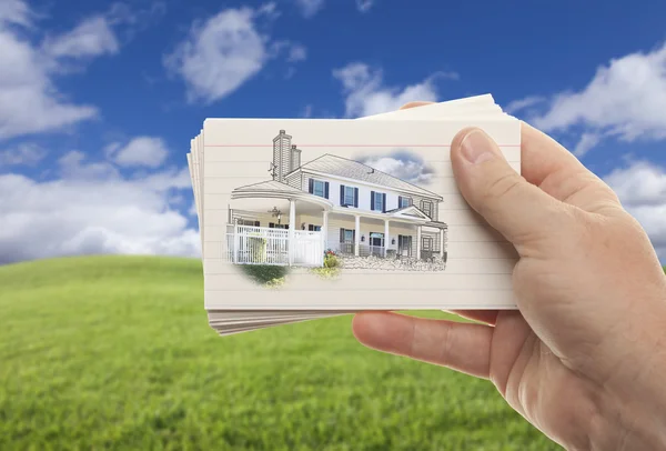 Mannelijke hand met stapel kaarten van de flits — Stockfoto