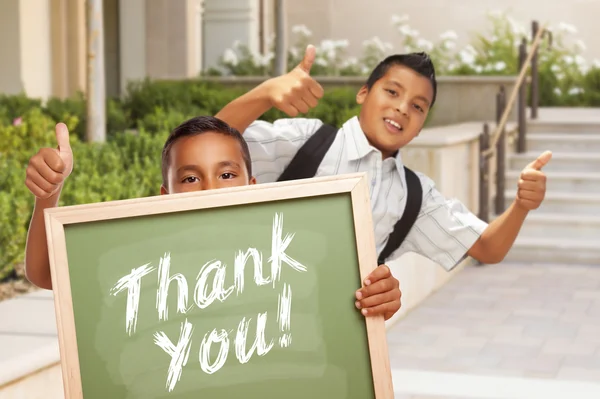 Boys Giving Thumbs Up Holding Thank You Chalk Board — Stock Photo, Image