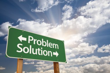 Problem and Solution Green Road Sign Over Clouds clipart