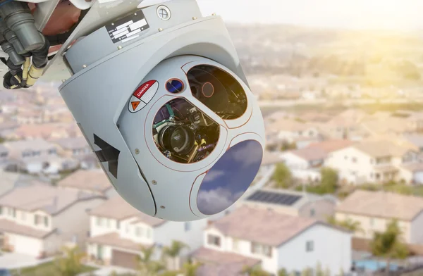 Closeup of Drone Camera and Sensor Pod Module Above Neighborhood — Stock Photo, Image