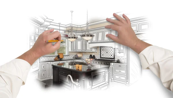 Male Hands Sketching Custom Kitchen with Photo Showing Through — Stok Foto