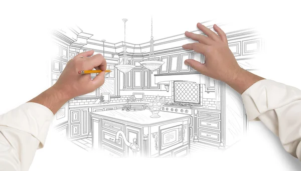 Mãos masculinas esboçando bela cozinha personalizada — Fotografia de Stock
