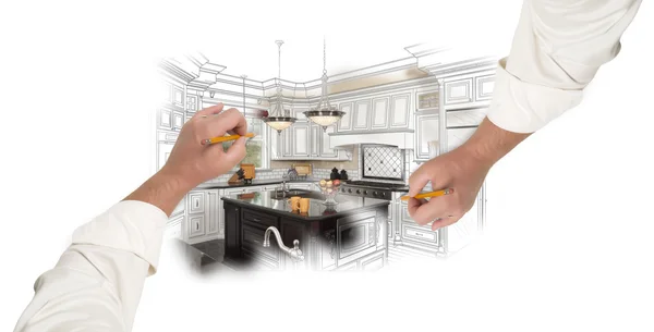 Duas mãos masculinas esboçando cozinha personalizada com foto mostrando Throu — Fotografia de Stock