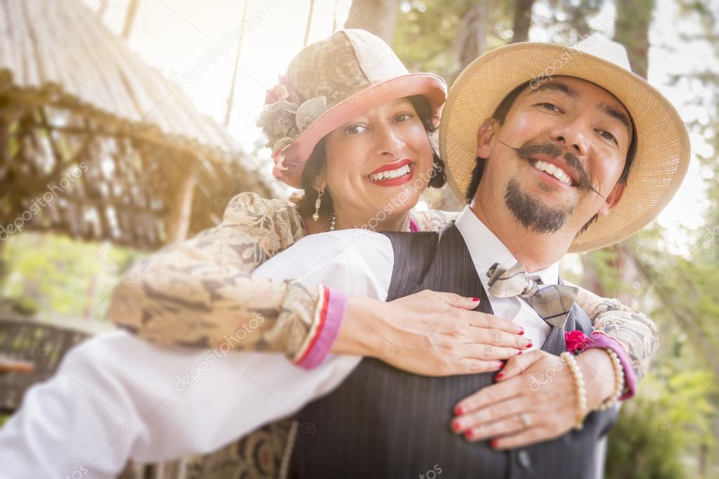 1920s Dressed Romantic Couple Flirting Outdoors