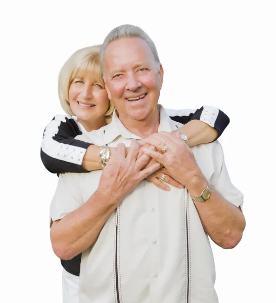 Feliz atractiva pareja mayor abrazando en fondo blanco — Foto de Stock