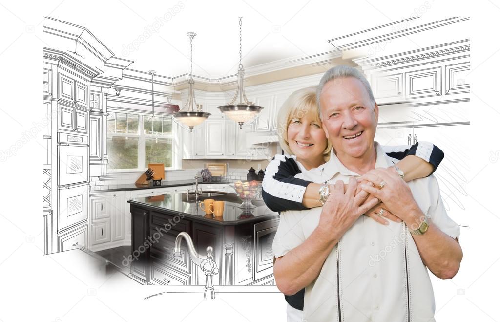 Senior Couple Over Kitchen Design Drawing and Photo on White