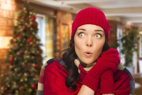 Mixed Race Woman Wearing Mittens and Hat In Christmas Setting — Stock Photo, Image