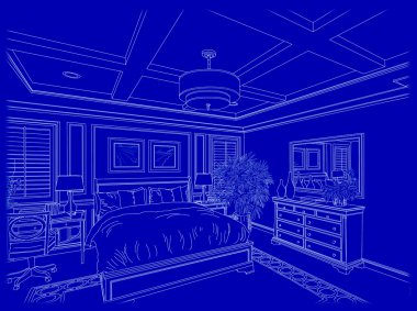 Beyaz özel yatak odası tasarım çizim mavi