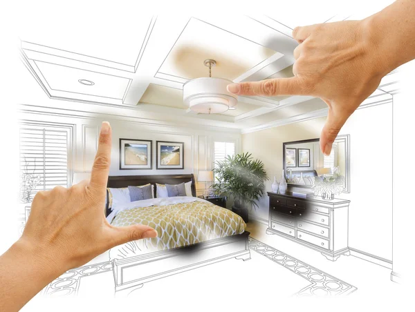 Combinación de fotografía de dibujo de dormitorio personalizado con marco de manos — Foto de Stock