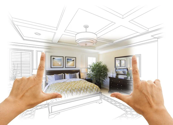 Τα χέρια που πλαισιώνουν το σχέδιο συνήθειας υπνοδωμάτιο φωτογραφίσει συνδυασμός — Φωτογραφία Αρχείου