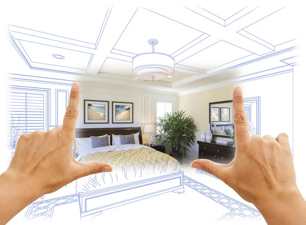 Hands Framing Custom Bedroom Drawing Photograph Combination — Stock Photo, Image