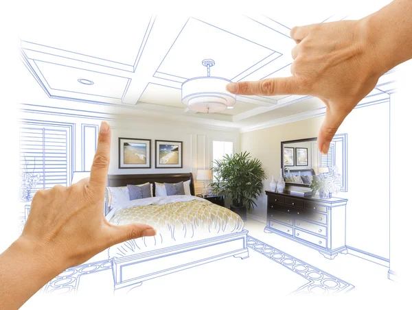 Hands Framing Custom Bedroom Drawing Photograph Combination — Stock Photo, Image