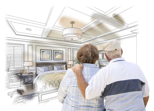 Пара пожилых людей рассматривает индивидуальный дизайн спальни Рисование фото С — стоковое фото