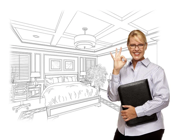 Woman with Okay Sign Over Bedroom Drawing Photo Combination — Stock Photo, Image