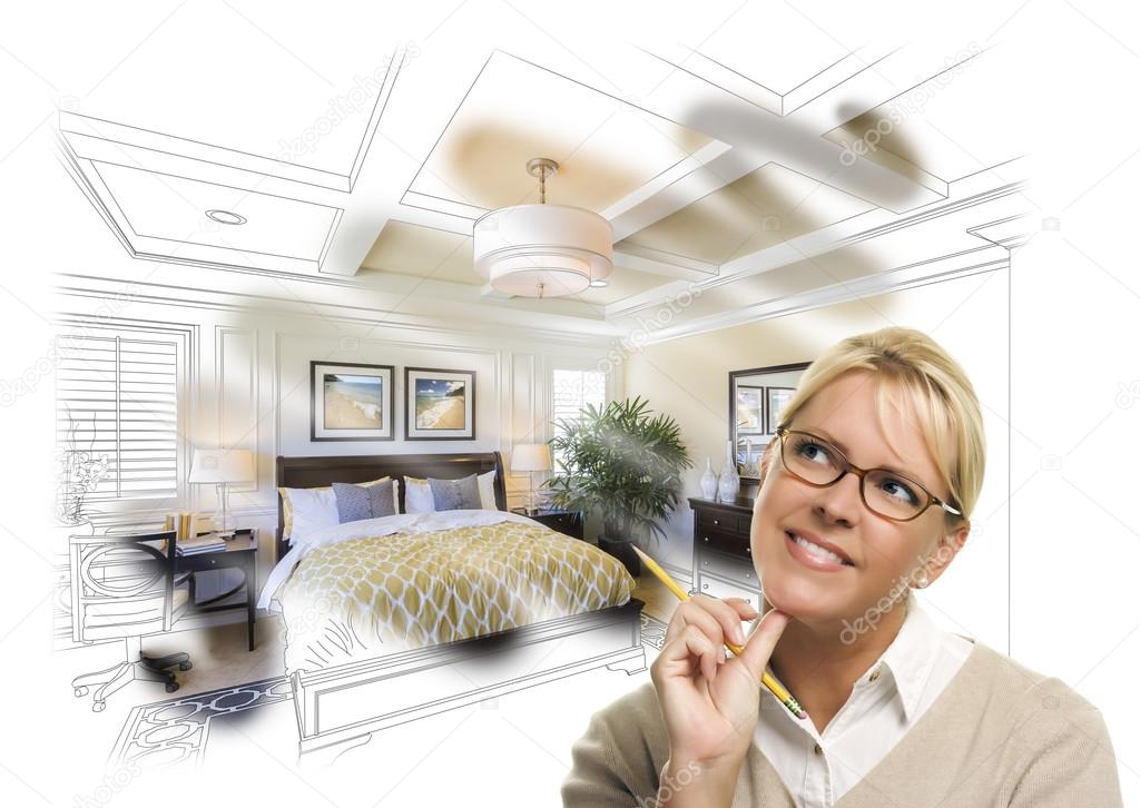 Daydreaming Woman With Pencil Over Custom Bedroom Photo Thought