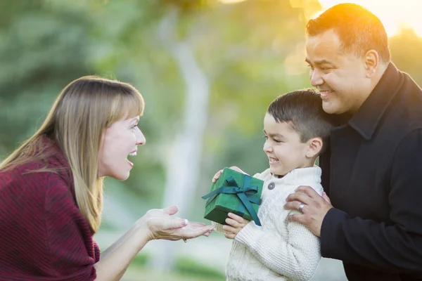 Young blandad ras Son lämna gåva till sin mamma — Stockfoto