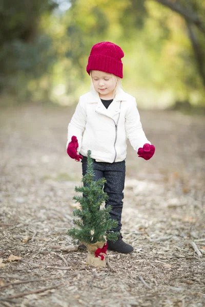 Κορίτσι με τα κόκκινα γάντια και καπάκι κοντά σε μικρές χριστουγεννιάτικο δέντρο — Φωτογραφία Αρχείου