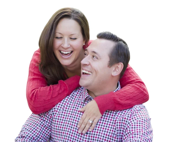 Atractiva pareja caucásica riendo aislada en blanco — Foto de Stock