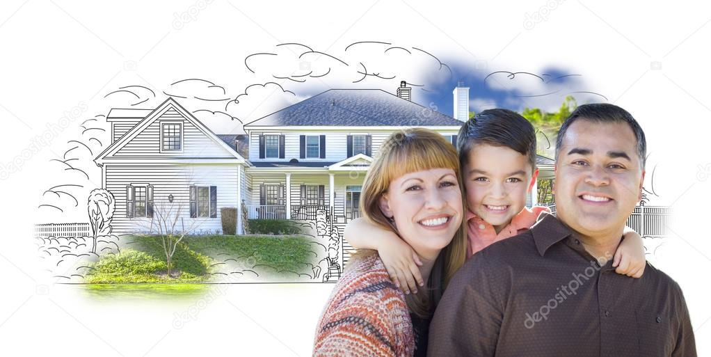 Young Mixed Race Family and Ghosted House Drawing