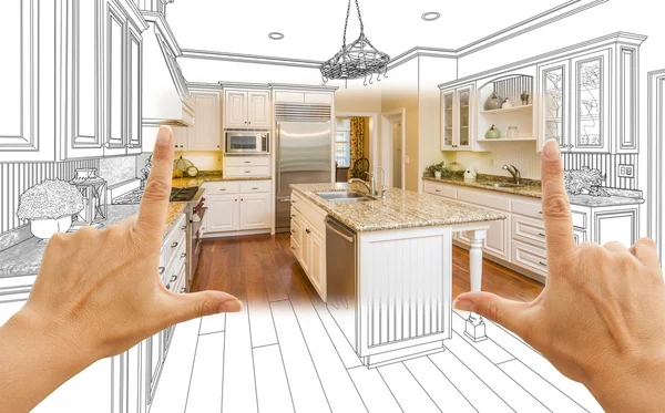 Hands Framing Custom Kitchen Design Drawing and Square Photo Com — Stock Photo, Image