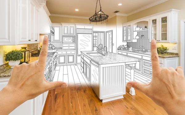 Hands Framing Custom Kitchen Design Drawing and Square Photo Com — Stock Photo, Image