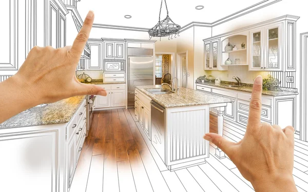 Handen uitwerking van aangepaste keuken ontwerp tekening en foto Combinatio — Stockfoto