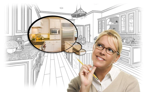 Woman Over Custom Kitchen Drawing and Thought Bubble Photo — Stock Photo, Image