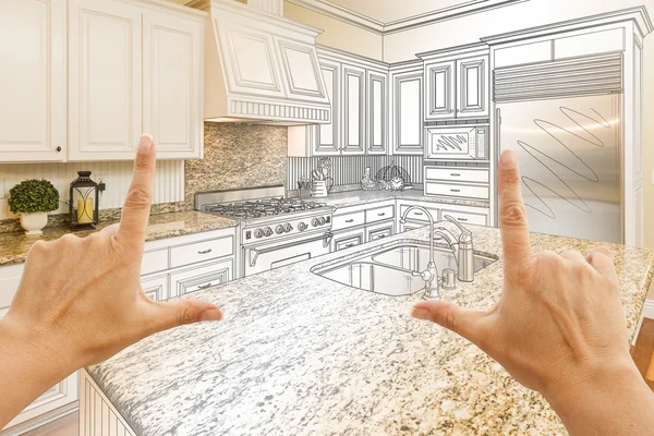 Hands Framing Gradated Custom Kitchen Design Drawing dan Photo C — Stok Foto