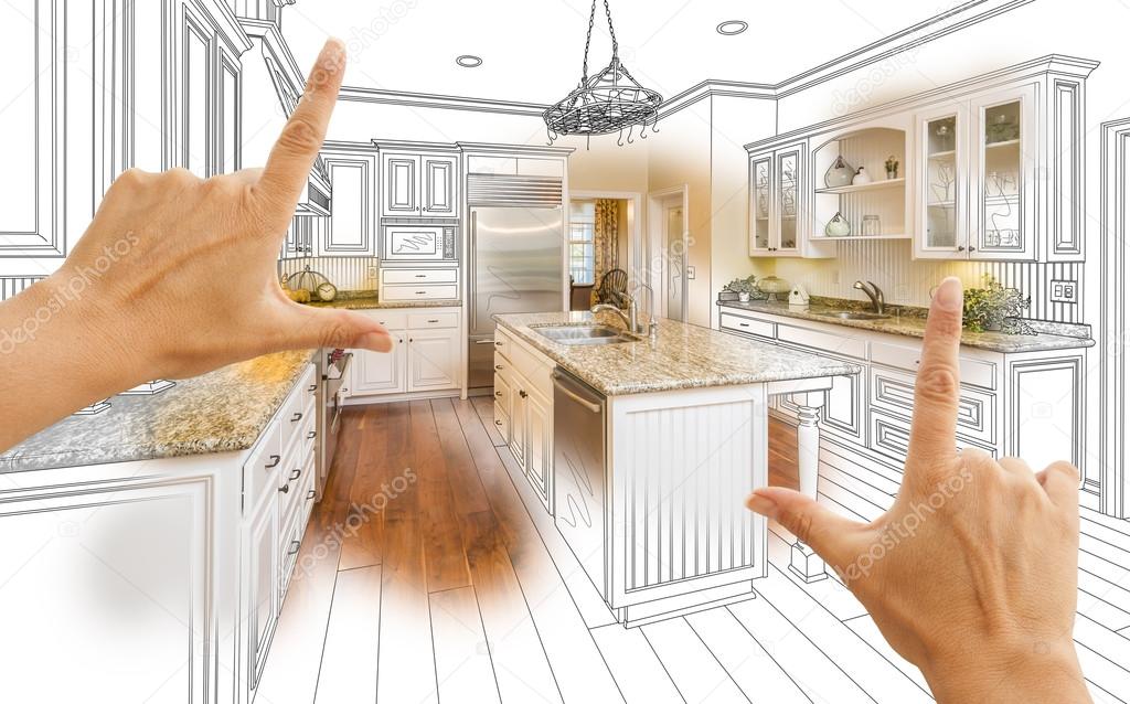 Hands Framing Custom Kitchen Design Drawing and Photo Combinatio